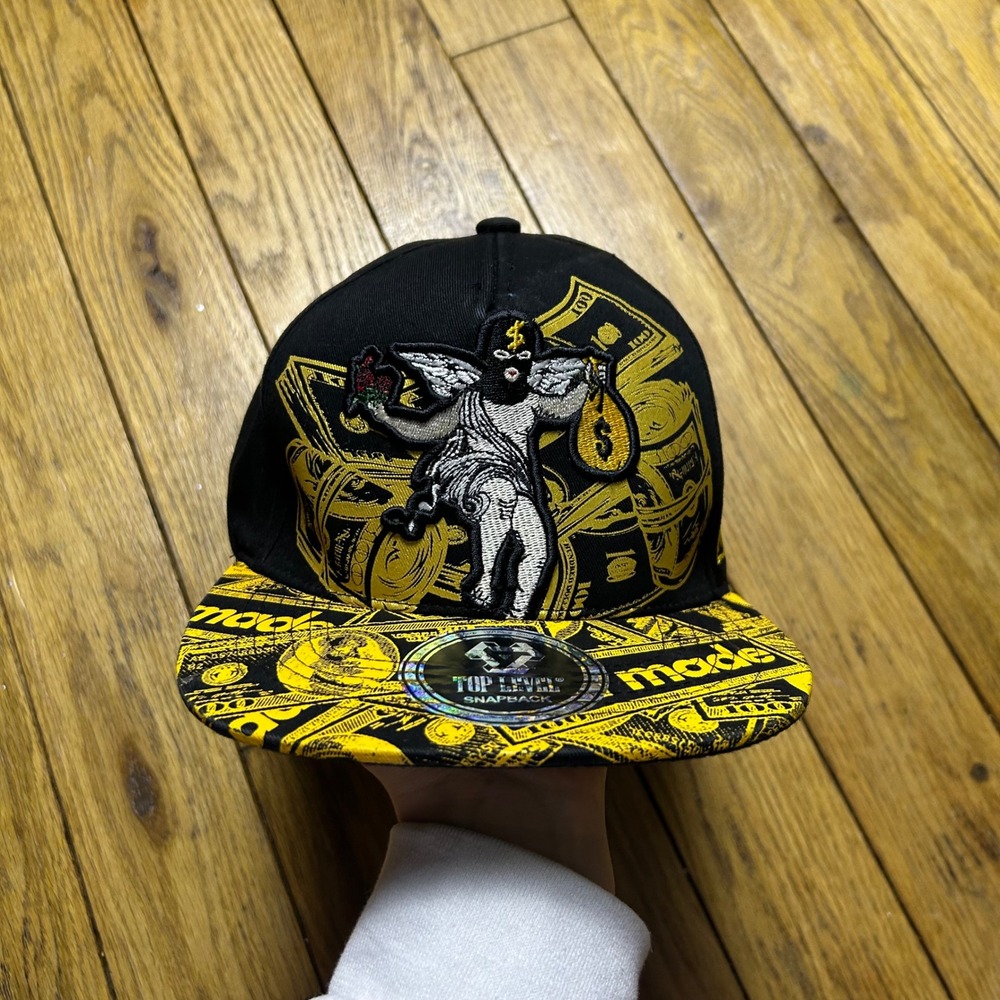 Top Level Self Made Masked Cherub Money Snapback Hat Black Yellow Streetwear Cap